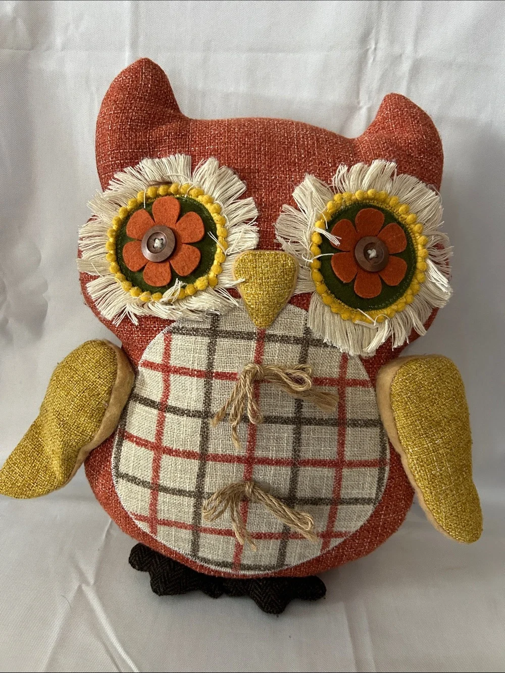 VTG Inspired Owl Stuffed Flower Button Eyes Orange Gold Boho Granny Core 14”